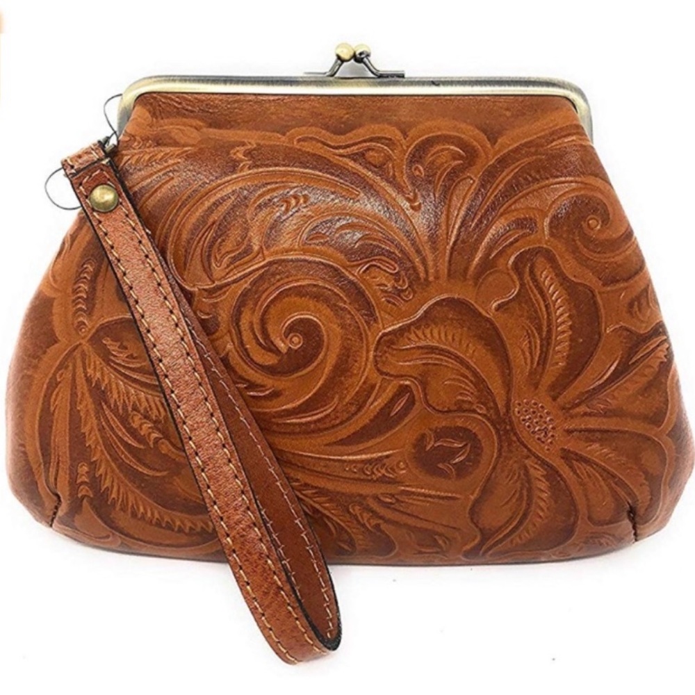 Patricia Nash Tan Embossed Leather Wristlet